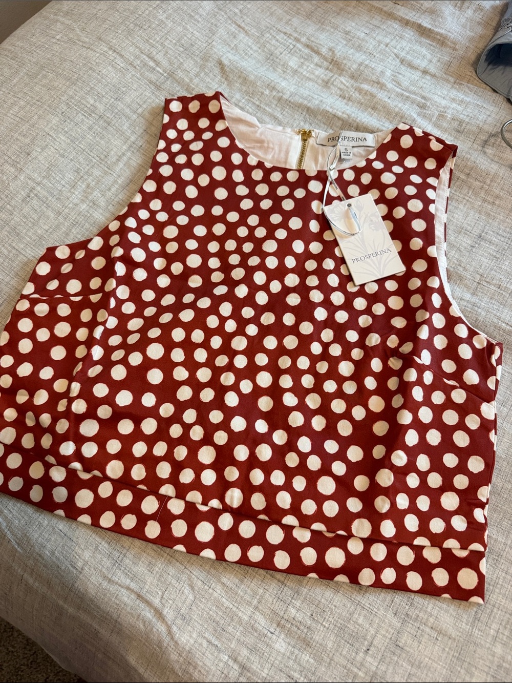 Prosperina copper-red Polka Dot Sleeveless Crop Top, S